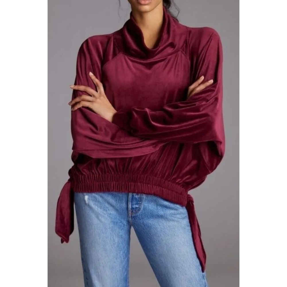 Anthropologie Daily Practice Velvet Side‎ Tie Pullover XS burgundy sweatshirt